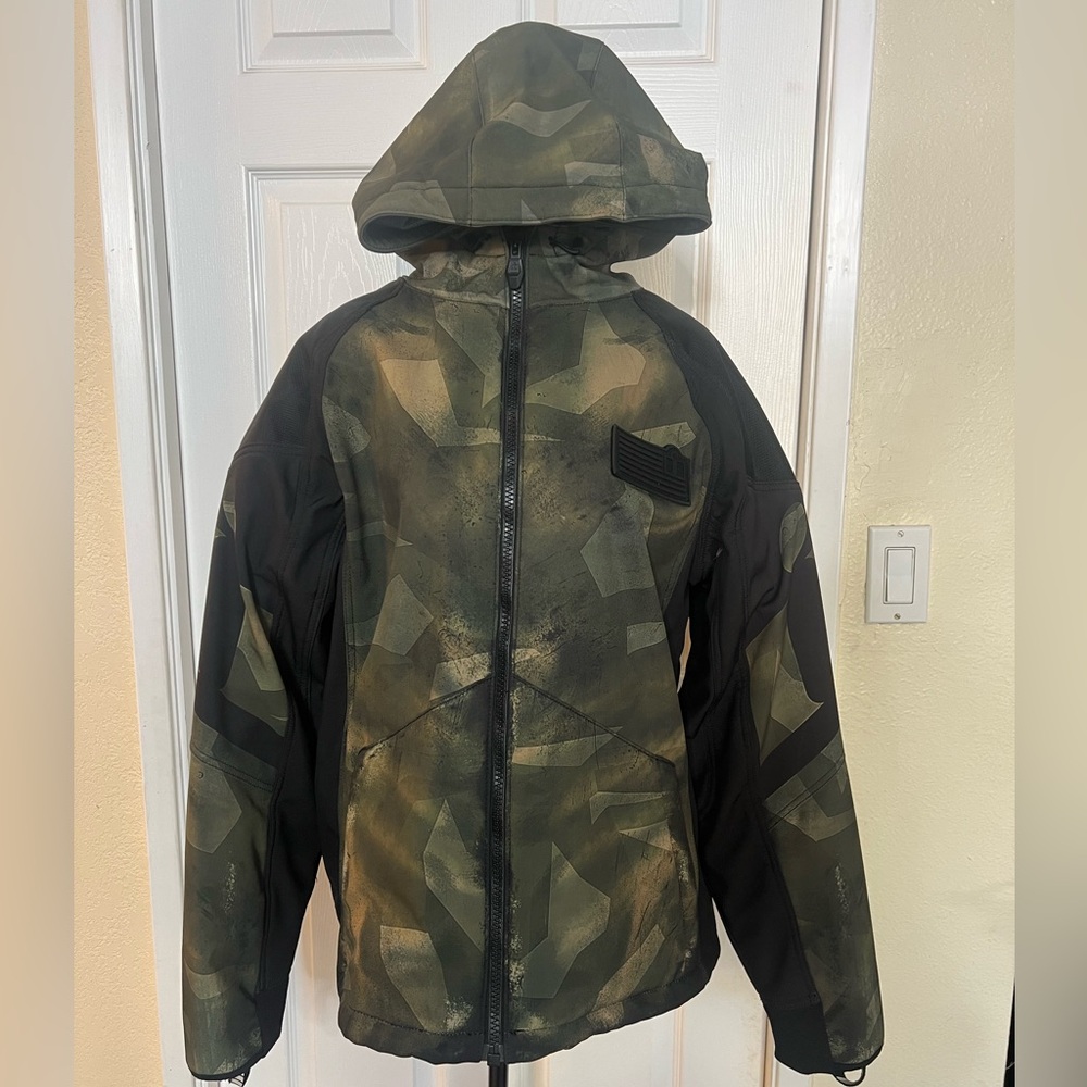 ICON MOTO Battle Scar Riding Jacket, camouflage w removable protective shields.